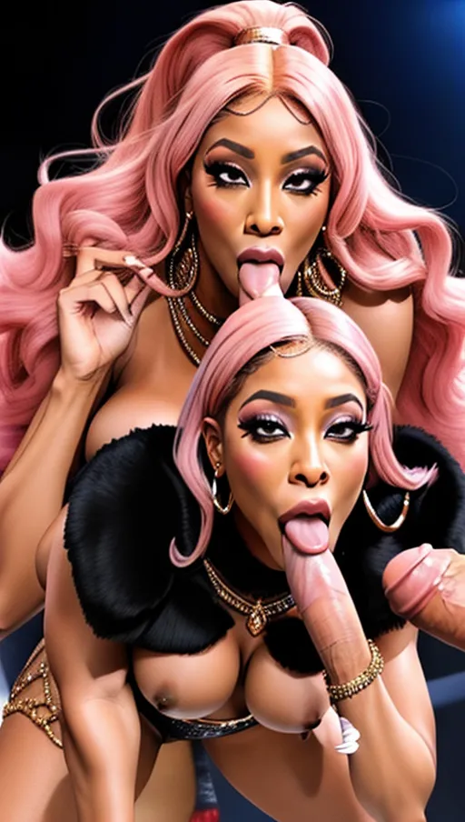 Masterpiece, best quality, Niki Minaj is fucked by orcs while performing on stage, Massive tits, big ass, live performance on stage at night, supermodel, perfect face, detailed facial feature, pink hair, concert spectators cheer as niki Minaj is fucked while singing and performing, cum on tits, cum on face, <lora:dpmg_fucked_from_behind:1>, <lora:dpmg_blowbang:.4>, all cocks are massive and very long, all cocks are green, light show,
