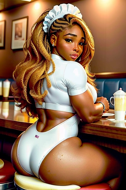 gorgeous young Serena Williams, beautiful face, cute bubble butt, white leotard, sitting in a pancake diner, large stack of pancakes in front of her