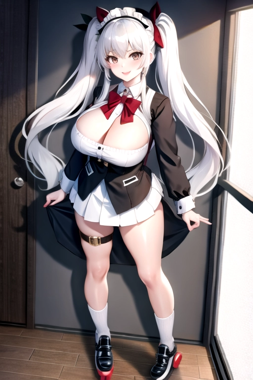 8k quality, brown eyes, pale white skin, white hair, giant breasts, cleavage, looking at viewer, pov, long hair, wavy hair, standing in bedroom, black maid uniform, roller skates, miniskirt, pigtails, full body photo, smiling