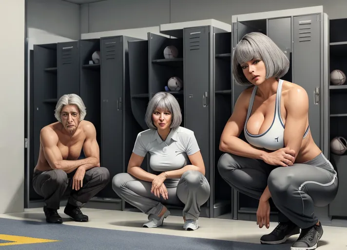 Locker room, gray hair, 60 years old, Bob haircut, massive tits, topless, football uniform pants, squatting