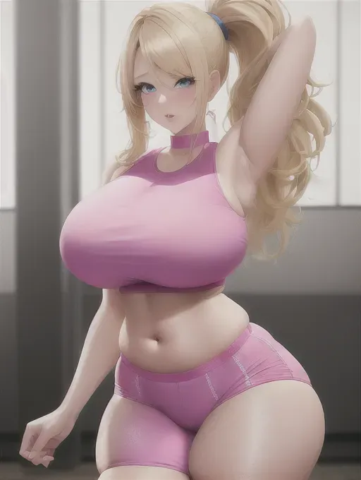Gorgeous babe, blonde-haired beauty, huge gigantic boobs, (gigantic boobs), blonde hair, ponytail, pale skin, blue eyes, big bimbo lips, sexy, slim waist, perfect thin curvy figure, tight pink workout clothes, photorealistic, best quality, ultra high resolution