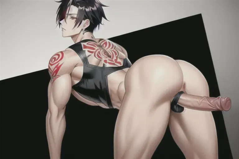 masculine anime boy a illustration of ,dark hair, red eyes ,naked, tattos, showing his ass over a dick while cumming and revealing his hanging testicles and tight anus cum,five slender fingers,hd,gravure,masterpiece,4k shown from behind