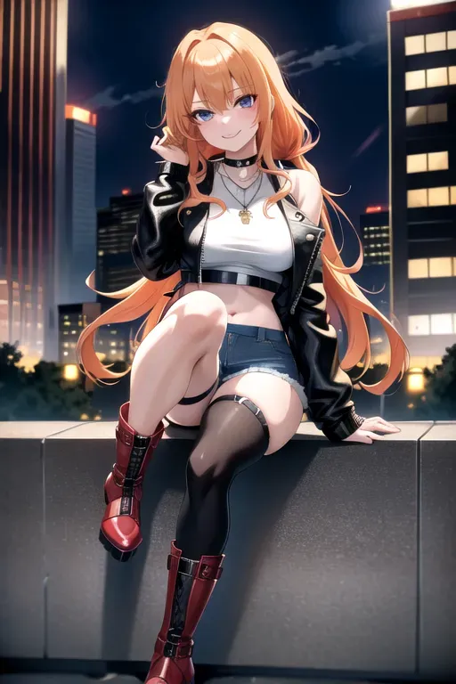 full body, strawberry blonde hair, hazel eyes, short girl, denim miniskirt, black high heeled boots, looking at viewer, long hair, pale skin, silver necklace, black crop top, 24 years old, giant breasts, cute face, pov, wavy hair, city environment, Oklahoma City, wide eyes, erotic, skirt tug, leather jacket, nighttime, black backpack, slim body, low pigtails, sitting on wall, smiling