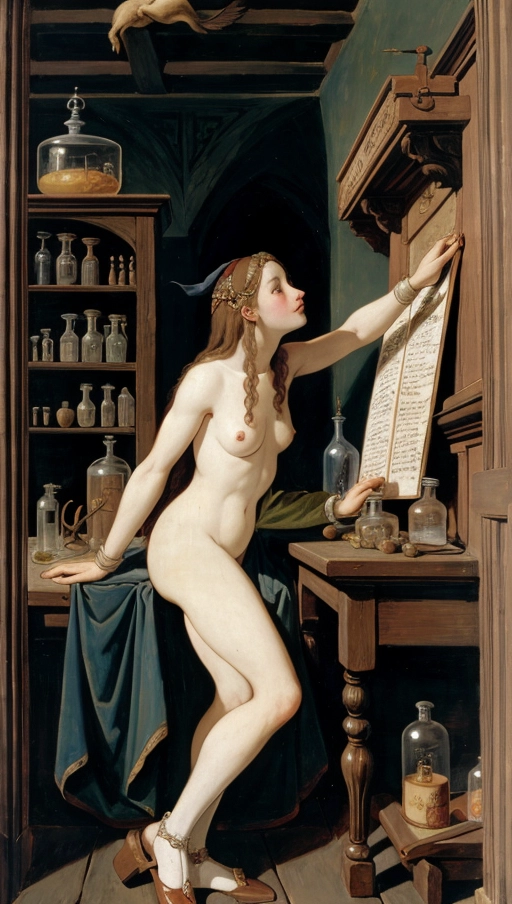 Liebeszauber is a late 15th century painting which portrays a young naked witch casting a love spell, fashionable pointy-toed flat-heeled slippers, in her laboratory filled with alchemical apparatus crucible hearth apothecary bench spagyric devices, auspicious augeries signs and portents, medieval german early renaissance, not only will she woo her love but she will utterly captivate him