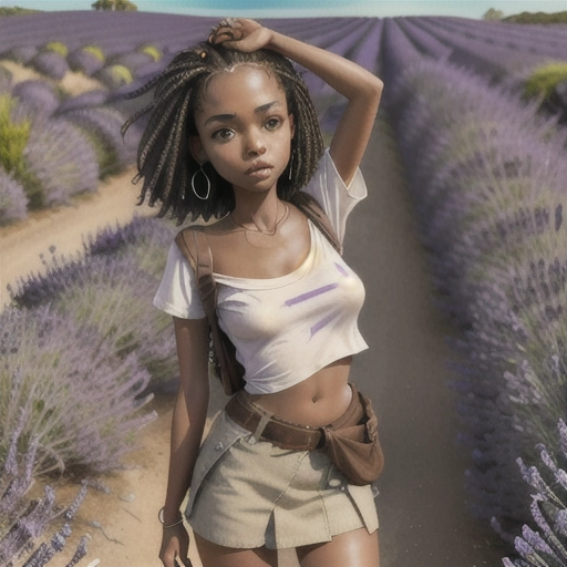 nude woman 18, (boondocks), smaller than average breast size, big ass, black hair, perfect vagina, african,short hair, brown highlights, Miami, dark brown skin, very small areola, happy model face, white t-shirt cut above nipples, does not cover nipples, earth tone, skirt lifted around waist, to show vagina, in lavender field, looking down into camera, small backpack, hand behind hair