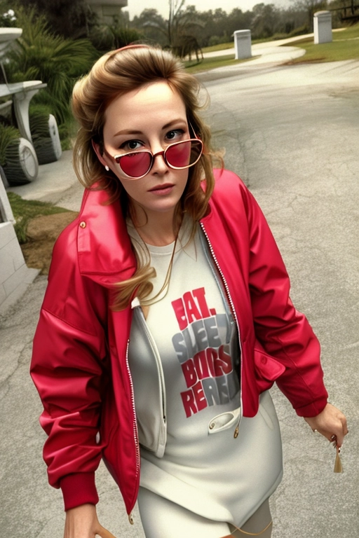40 year old, white female, walking down driveway, beautiful clothes, accurate face details, accurate hands, dark hair, hair band, looking at camera, glasses, 1990s, red shirt, light red jacket