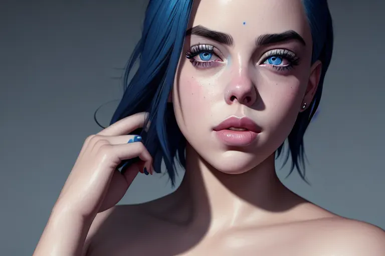 a concept art of,a billie eilish,naked,five slender fingers,short hair,charming face,beautiful lips,blue eyes,curved eyebrows,textured skin,joyful,tattoo,highly detailed,artstation,cinematic lighting,surreal,ultra realistic