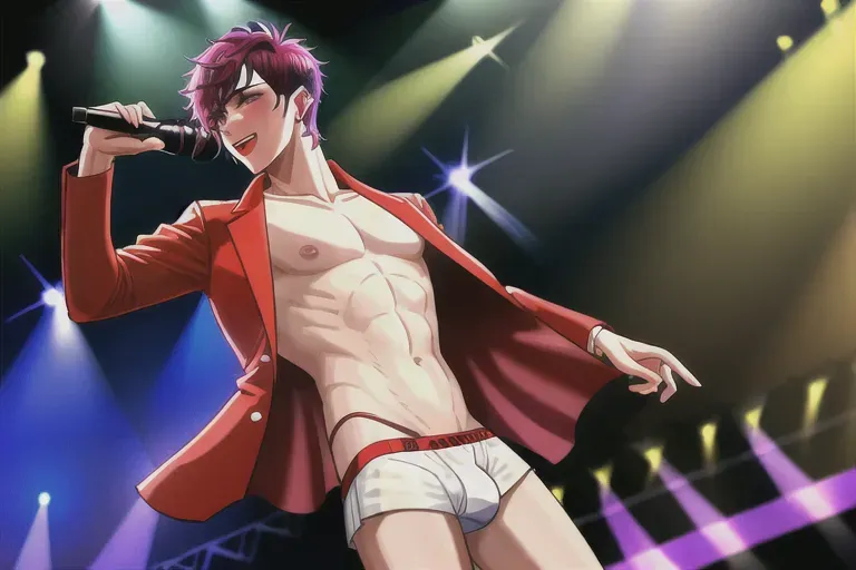 Male pop star in his underwear alone on stage