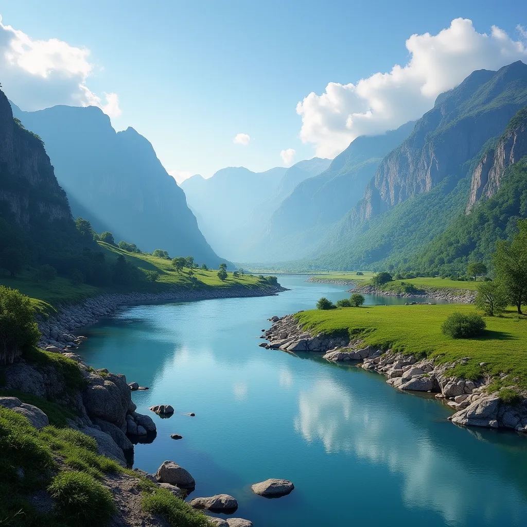 A beautiful landscape with a river and mountains