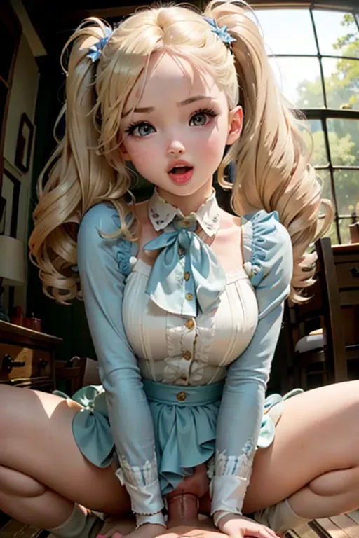 Dove Cameron with her mouth open, petite, beautiful, masterpiece, best quality, extremely detailed face, perfect lighting, 1girl, solo, <lora:dpmg_pov_cowgirl:1>, 1boy, penis, squatting cowgirl position, vaginal, pov, squatting, looking at viewer, blonde hair, twintails,