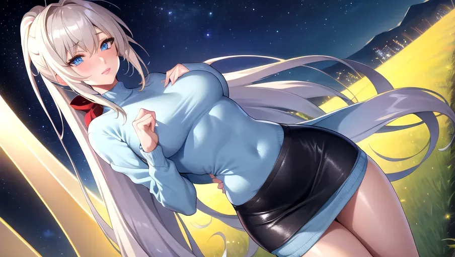 4k, high-res, masterpiece, best quality, cinematic lighting, night, soft starlight, outside, meadow, no artificial light, wide angle, long shot, detailed background, 1 girl, slim waist, gorgeous figure, long slender legs, five slender fingers, messy short blonde ponytail, large detailed deep blue eyes, shimmering eyes, bright red lips, beautiful lips, tight fuzzy light blue sweater, tight grey knee-length skirt, standing, shy facial expression, blushing