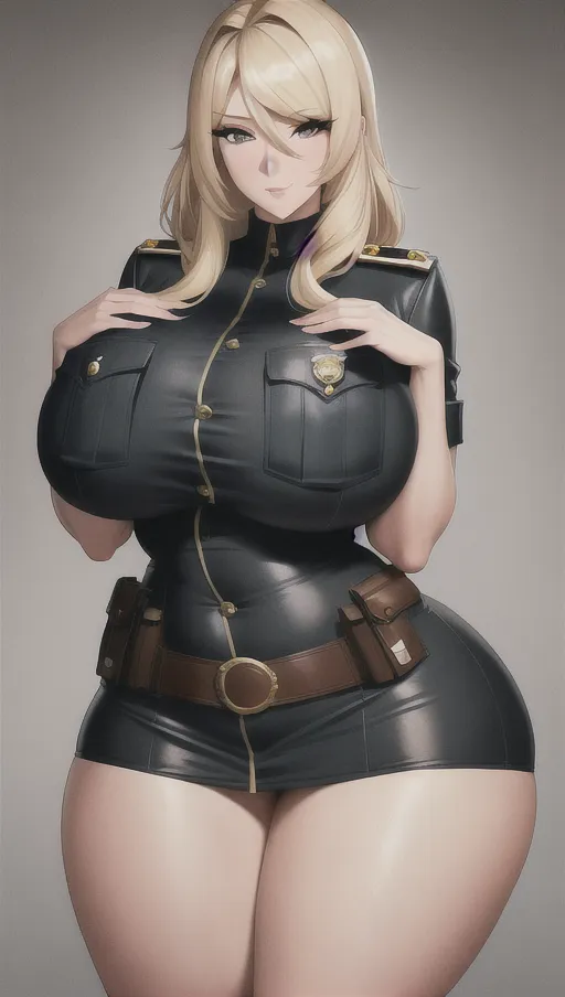 bimbo, gigantic breasts, blonde hair, brown eyes, wide hips, curvy body, police uniform, masterpiece, best quality, highly detailed