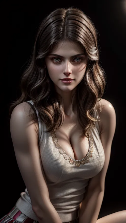 A high resolution highly detailed portrait photography of Alexandra Daddario , seductive smile, glamorous hairstyle, cleavage,
wearing a white tank top,
realistic detailed hair, realistic detailed skin, realistic detailed eyelashes, detailed eyes,
professional makeup, accurate skin,
accurate eyes, accurate teeth, accurate mouth, accurate skin color, accurate skin tone,accurate hair color, accurate hair tone,
pretty teeth, textured skin, pores,
masterpiece, crystal clear, subsurface scattering, professional lighting, black background,
<lora:dpmg_add_detail:1>,
(RAW photo:1.2),
(photorealistic:1.4),
(masterpiece:1.4),
(best quality: 1.2),