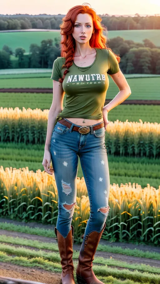 nsfw, a 8k high detail, full body photo of, detailed background, farm, sunset, natural light, farm girl, mature, slim figure, large breasts, long slender legs, long slender fingers, messy bright red hair, detailed green eyes, beautiful face, wearing ripped jeans, cowboy boots, tight t-shirt, happy, standing, hand on hip