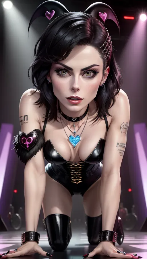 (Lena Meyer-Landrut), heart nipple patches, heart choker, heart necklace, succubus, colored, black hair, all fours