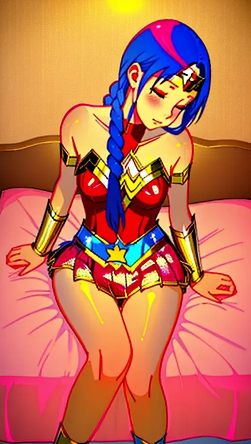 gentle and comforting wonder woman in red love hotel on romantic bed, pink lighting
red and gold wonder woman costume with blue skirt