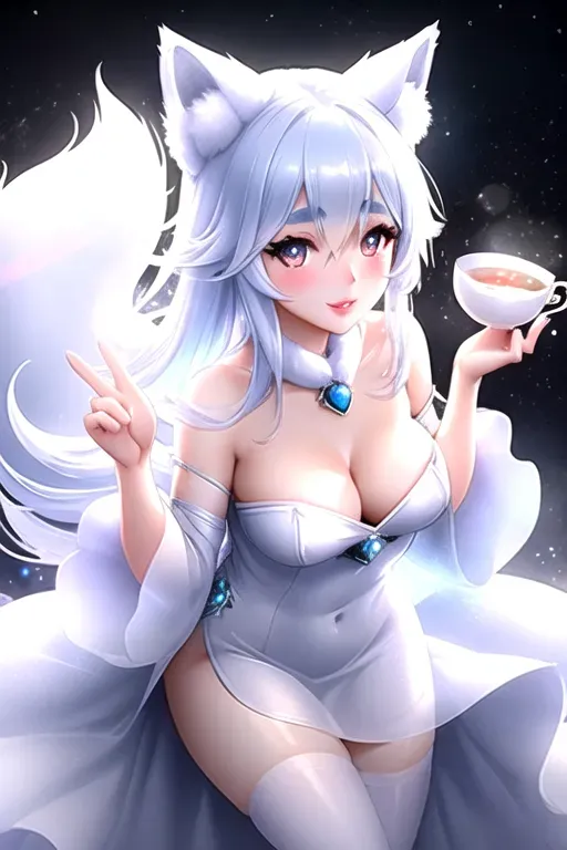 a concept art of,a translucent arctic fox spirit,wearing frock,doing sexy pose,in a tea party,small breasts,five slender fingers,charming face,beautiful lips,detailed large eyes,curved eyebrows,curved eyelid,joyful,wearing golden ring,pixiv,bokeh,studio lighting,highly detailed,editorial