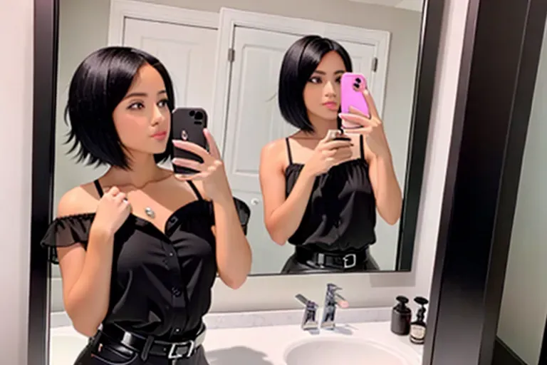 a girl with black short hair taking a mirror selfie