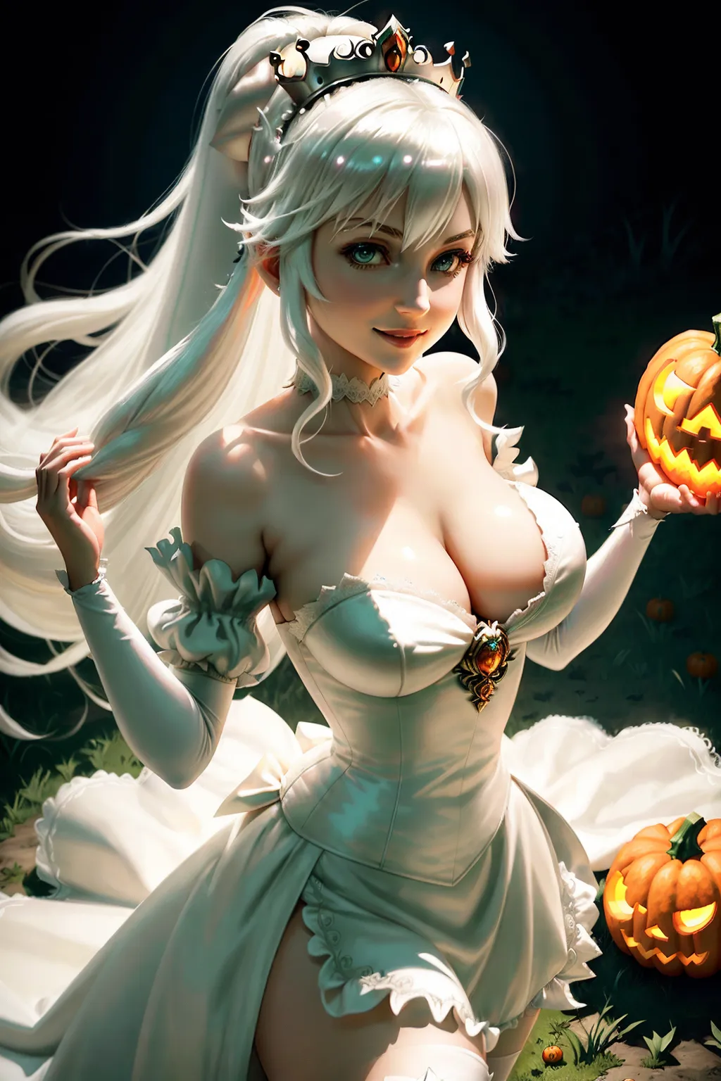 <<((fix normal slim-body Princess Boosette.))>> <(fix normal fantasy white princess dress.)> <(fix normal white iris eyes.))>> <(fix normal pupil.)> <(fix normal Vitreous.)> <<((fix) normal sexy HD arm hand finger thumb adjust adapt firmly.)>> <<((fix) normal_super_HD_leg_feet_toe.)> <((fix) soft normal simi-big B boobs nipples.)> <<((fix normal shiny long white hair.))>> <(fix normal eye eyebrow lips smile.)> (HD backgrounds.) <(De_blur_noise.)> <(normal sharpen.)> <<masterpiece.>> ((fix lora:dpmg_translucent_skin.)) <(fix normal_clean_line_work.)> <(HD_normal_dark_shading.)> <(normal_global_illumination.)> <(realistic lighting.)> ((normal_rule_of_thirds.)) ((close_up_portrait.)) (hyper_realistic.) (detailed_post_processing.) (unreal_engine.) (8k.) (occursne-render.) (Studio-Sunrise.) (Studio CLAMP.) (normal super models.) (normal Dead or Alive DOA.) (sexy Vocaloid.) (Nintendo.) (fix normal motion adaptive physics.)<<((fix all of the normal details.))>> <<((super double pass.))>>,
In the style of Nintendo, Princess Boosette elegantly dances in a haunted graveyard adorned with whimsical (pumpkins1.2). The ethereal glow of moonlight reveals her graceful movements as she navigates the spectral atmosphere, creating a scene of enchanting charm. Artist Nintendo. Trending on DeviantArt.
<<((fix all motion and details above.))>> <<((super double pass.))>>