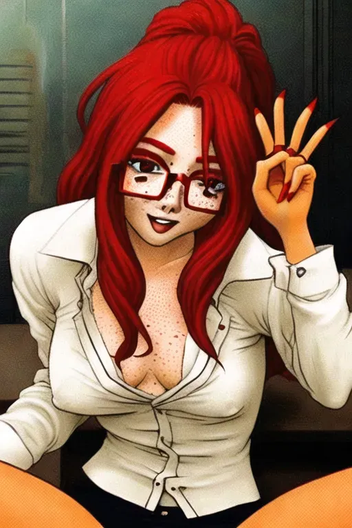 a red haired girl with glasses and freckles and small tits fingering herself with 2 fingers