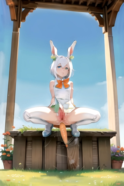 1 female, alone, white hair, short hair, blue eyes, slim body, small breasts, completely nude, in green fields, empty fields, sunny fields, bunny ears, sitting, showing crotch area, showing pussy, using a dildo, dildo looks like a carrot, masturbating, inserting carrot in pussy, grabbing carrot, orange carrot, anime, <lora:female ejaculation:1>, <lora:dpmg_legs_up:1>