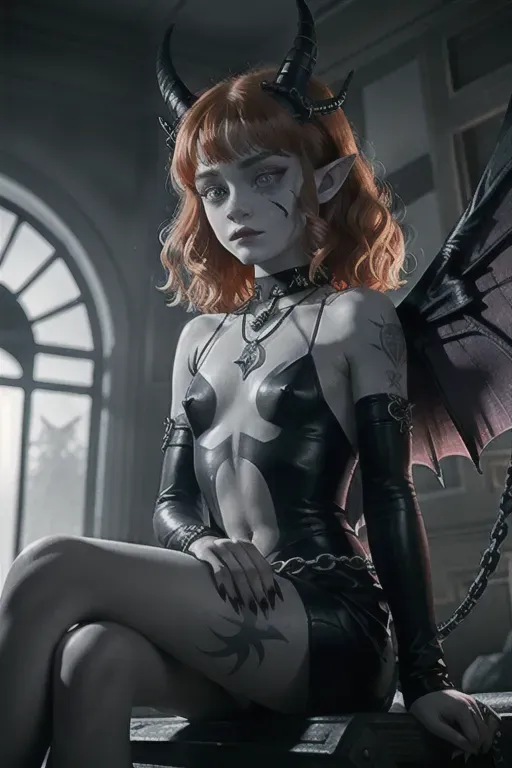 Sadie sink with Natalia dyer, two girls , 20 year old, demon, dark eyes, gray skin, red eyes, white hair, pointy ears, sharp fangs, long nails, demon horns, wings, glancing at viewer, devil tail, hot, tattoos, scars, smokey eyeshadow, chains, straps, piercings, pouting, sitting down in sofa,topless