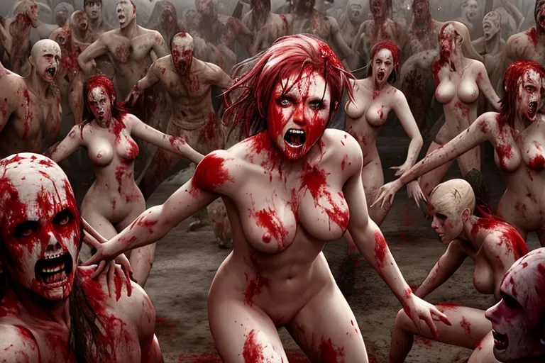 A naked woman fighting off a horde of zombies Shes the only one naked shes bloodied she is about to die
