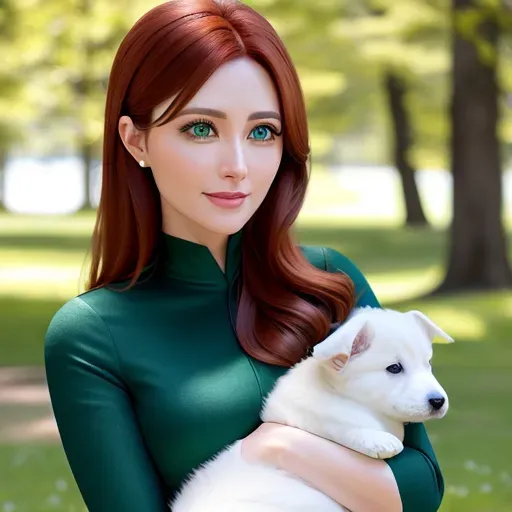green eyeshadow,
innocent good, Anna of Arendelle 37 years old, dressed in green modest dress, large natural blue eyes, sweet face, beautiful lips, soft curved eyebrows, warm smile, straight light auburn hair, medium long hair very gentle waves, modest breasts. cuddling a fluffy white puppy at a picnic.
five fingers per hand, ultra realistic, pixiv, unreal engine, bokeh, reduced saturation, adult