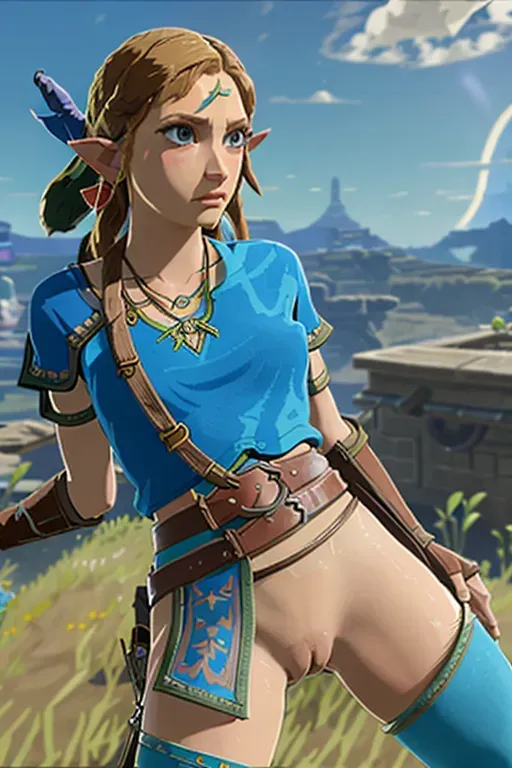 Zelda (BOTW) looking out over hyrule, pretty, cute, naked, nudity, torn clothes, explicit, hair in wind, sexy, belts, pouches, lace, jewelery, chains