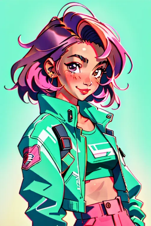 A 8k resolution photo shot of, chloe midori,dpmg_face_cum_v1,sitting,((wearing 1990s streetwear, wearing 1990s jacket)),((revealing two small boobs out)),((perfectly nipples placement)),((detailed hair features)),((detailed facial features)),((detailed body features)),((detailed arms features)),(textured skin),((beautiful lips)),((smiling)), ((blushing)), ((highly detailed)),((8k resolution photo shot)),((detailed konbini background))