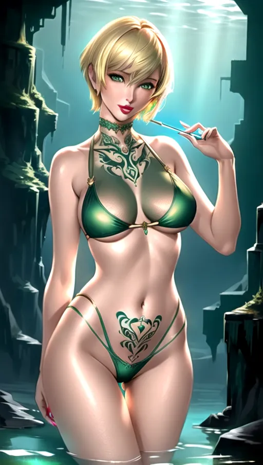 nsfw, high detail, underwater city, 1 girl, mature, slim figure, medium breasts, long slender legs, blonde pixie haircut, glowing green eyes, beautiful face, beautiful lips, red lipstick, realistic, see-through green bikini, tattoos