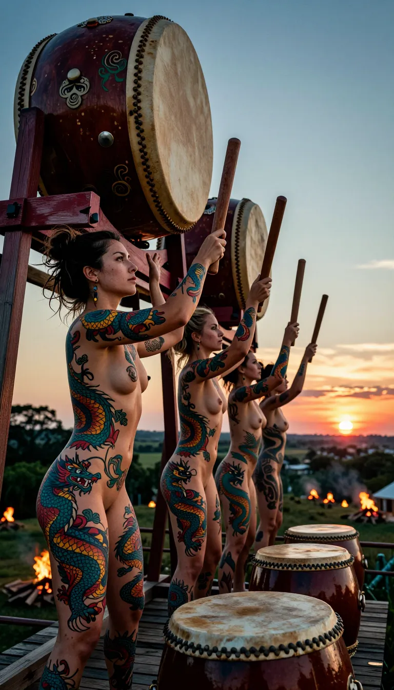 (3 hot women in a row are playing the huge taiko drums on a top of a wooden tower in the countryside at sunset). All of them are naked. (All of them have a ((huge intricate coloured tattoo of dragons covering her whole body from her shoulders to her feet))). Each woman has this intricate Dragons tattoo. All of them are holding a thick stick in each hand, They are synchronized and they are hitting their own drum with one stick in the same hand.
All of them have the same bun haircut.
There is a different taiko for each woman.
The drums are set vertically and they are huge and tall.
Back view.
The sun is setting on the horizon.
Bokeh. HDR.Dozens of campfires in background. Vivid colours thanks to the sunset.