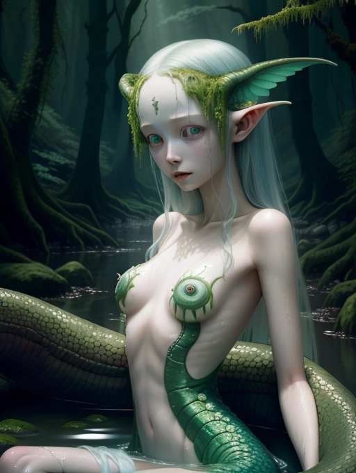 realism. UHD. 3D. naked, slender, ((perky breasted)), beautiful innocent, vulnerable, naive, ((albino sylph-girl)), Eva Yi, ((hugged by a huge, cruel sex-serpent)), in a very ((DARK, shadowy, prehistoric, Triassic, green mossy flowering forest)), (bathing in an alluring deep dark river). close up. Pans Labyrinth film style.