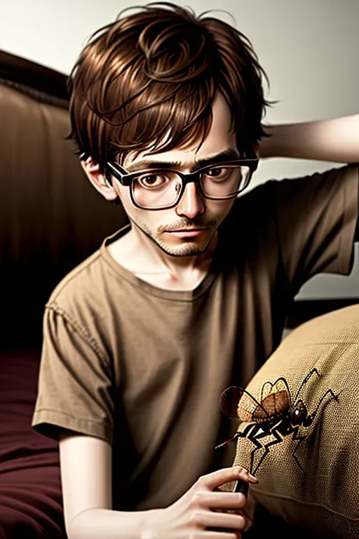 short man with very short brown hair and glasses, dirty shirt, fighting a giant bed bug, photorealistic