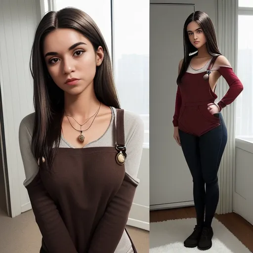 A young adult woman, likely in her late teens or early twenties, of medium build and average height, is shown in the image.
1. Personal Appearance
Her facial features include a medium-length nose, full lips, and a slightly oval-shaped face. Her eyes are dark brown, and her eyebrows are well-defined and dark brown. Her hair is shoulder-length, dark brown, and straight. Her skin tone is light. She has no visible distinctive features or marks. Her overall body type appears average and proportionate.
2. Clothing and Accessories
She is wearing a red, long-sleeved top. The material appears to be a soft, possibly fleece or similar fabric. The top appears to have a simple design. She's wearing a thin, silver-colored necklace.
3. Expression and Posture
Her facial expression is neutral; she appears neither happy nor sad. Her body posture is relaxed and slightly angled towards the camera. There are no apparent gestures or interactions with others.
4. Overall Appearance
Her style appears casual. Notably, her makeup is subtly applied, giving a natural appearance. Based on her attire, her possible social role is difficult to determine without more context.
5. Pose
She is standing, in front of a window