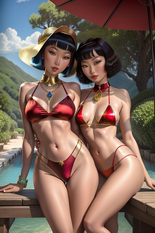 Colour painting of beautiful 25 year old Anna May Wong and Marlene Dietrich, ((accurate faces)), sexy legs, slim figures, small breasts, cute bottoms, very detailed and jewelled red swimsuits, ((bare thighs)), smooth skin, sexy butts, fine beautiful bodies,((summer landscape)),(detailed skin features),(detailed face features), beautiful face, (detailed body features), beautiful eyes,