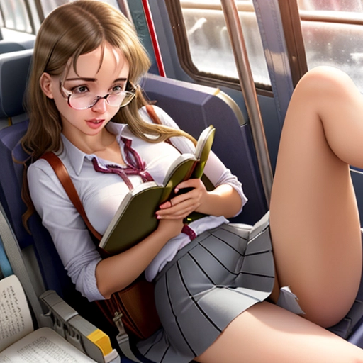 upskirt, cute young lady reading a book on a bus, one book, detailed face
