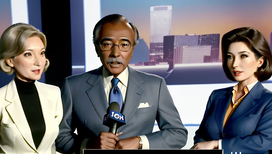 A mature, old, authoritative newscaster, dressed in a full suit, presents the news, flanked by two, pretty, topless, female assistants, who look adoring at him.