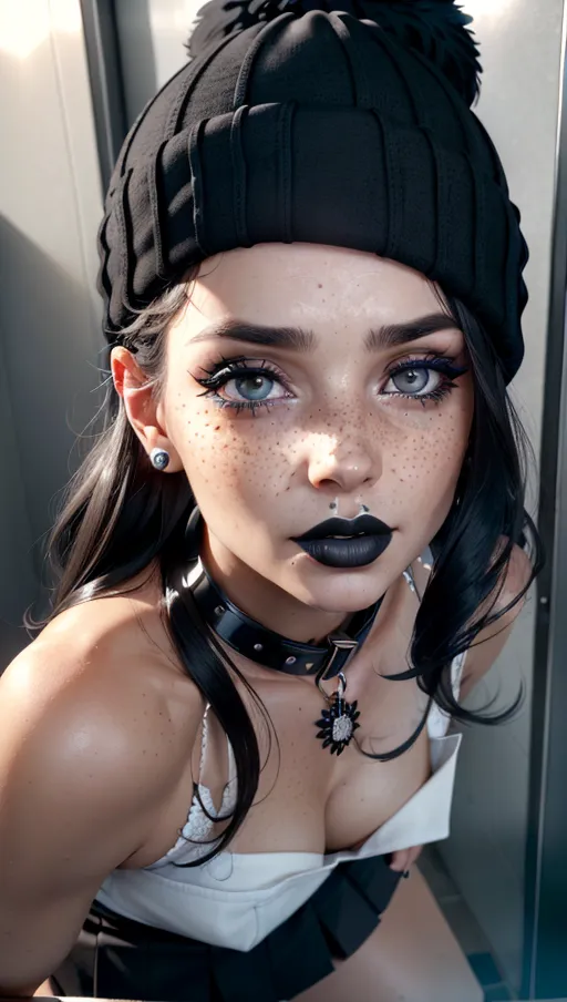 photorealistic, 8k, accurate face, (((detailed face))), (((replicate inspiration face))), freckles, black lipstick, wearing black beanie, collar,
on a toilette, public stall, skirt pulled all the way up,