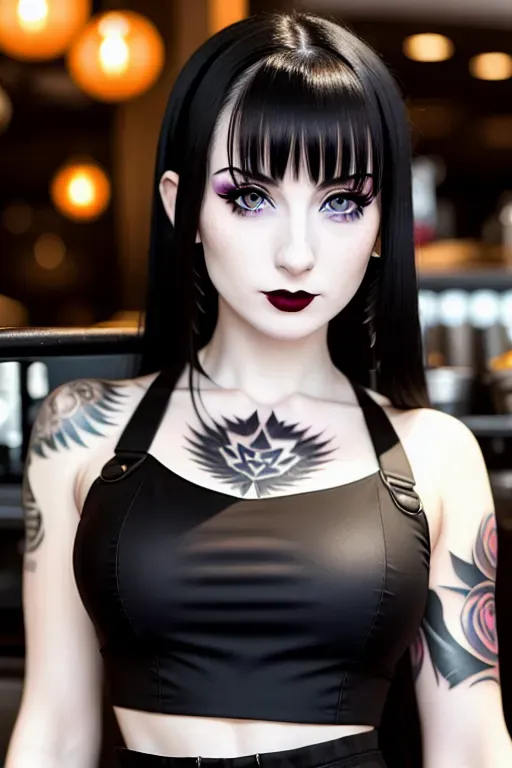 A digital portrait of a goth girl with, pale skin, dark hair, large Breast, big ass, long Hair, IHOP waitress outfit, black Crop Top, looking at viewer, in cheap restaurant, at work, small tattoo on breast, gorgeous, detailed symmetrical face