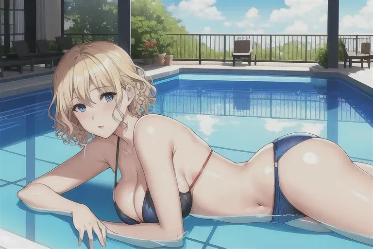 A realistic photo of a france girl, in bikini, in the pool, blue eyes, gorgeous face, curly hair, blonde hair, short hair, very beautiful face, beautiful makeup, doing kiss, closely, fit figure, medium breasts,