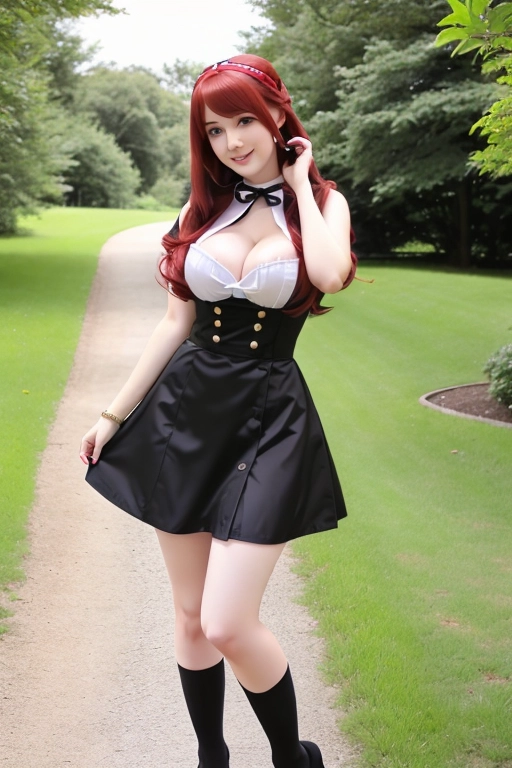 long hair, pale skin, bright red hair, blue eyes, black choker, giant H-cup breasts, wavy hair, maid uniform, smiling, full body photo, 28 years old, miniskirt, cleavage, high heels