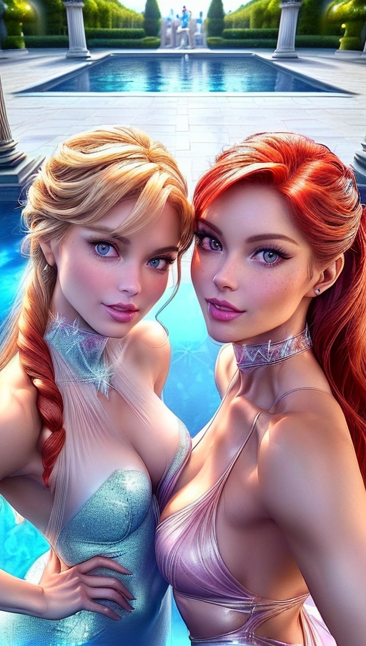(Outstanding face and upper body portrait of two very beautiful women:1.4), (face like Elsa Jean and Dina Meyer:1.2), (the women are elegant and luxury escort girls looking like sexy supermodels:1.2), (wearing very luxurious and skimpy silk dresses:1.2), (medium perky breasts with deep cleavage:1.2), (detailed erect nipples visible in dress:1.1), (dresses have bare backs:1.2), (short sexy gloves:1.1), (athletic bodies with narrow waist and toned abs:1.2), (slender hips and legs:1.1), small bottoms, high cheek bones, beautiful and detailed face, black eyeliner, purple smokey eyeshadow, make-up, detailed dark or blue eyes watching the viewer, arched eyebrows, (some freckles in Dina Meyers face:0.8), shy but sexy smile on their full pouty lips in pink or red, fabolous smile showing some nice white teeth, (sexy pose with one arm around the waist of another woman:1.2), (one arm raised exposing bare armpit:1.1), detailed hands with slender detailed fingers,
(Elsa Jean hs extremely long plantina-blonde hair and Dina Meyer has short straight ginger-red hair with bangs:1.4), (both women are watching the viewer with thei distinct blue eyes:1.4),
background cinsist of a luxurious garden in an italian mansion with marble columns and statues, standing outside in the garden next to a pool, (portrait focus on face and upper body:1.1), (masterpiece:1.2), (photorealistic:1.2), <lora:dpmg_add_detail:1.2>, (view from behind and above:1.2), (NSFW:1.2),
great shadows, best quality, highest quality, highest resolution, 8k, Perfect composition, masterpiece, sharp focus, perfect anatomy,
