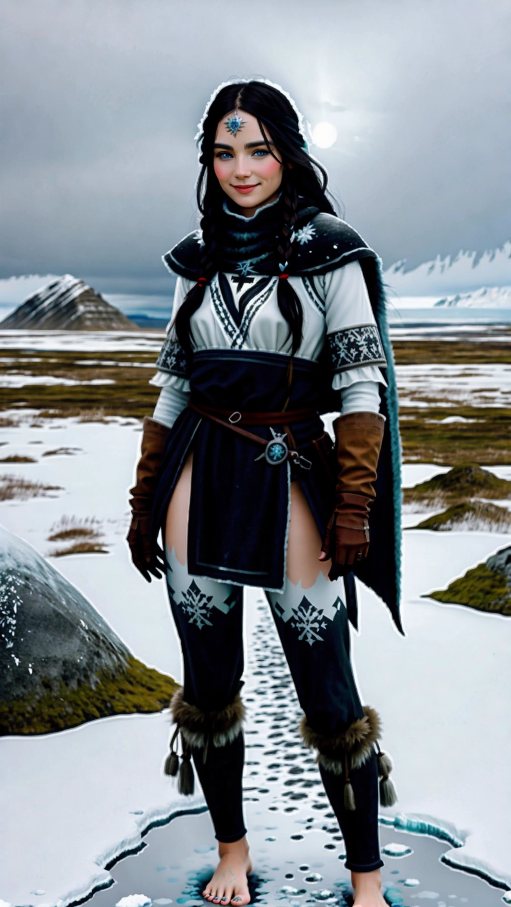 full-body image of a fit tan thin beautiful barefoot German adventurer woman with long hair wearing medieval adventurer attire while exploring an icy tundra, (beautiful petite feminine feet: 1.2), (barefoot: 1.3), (wearing warm black medieval adventurer attire: 1.2), (long dark hair: 1.2), (German woman: 1.3), (icy tundra: 1.4), (black toenails: 1.2), (gloves: 1.2), (tights: 1.2), (magic markings on feet: 1.3), (smug smirk: 1.2),