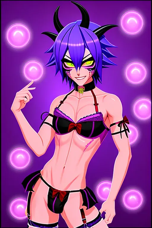 A digital painting showing a shota demon boy, wearing slutty boy lingerie, with purple skin and sporting an evil grin