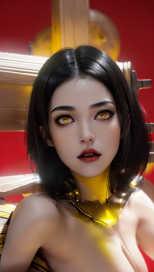 A 8k resolution photo shot of ultra detailed, ultra detailed skin, Adult vampire woman, masterpiece, (realistic, photo-realistic:1.37), thoughtful face, ((yellow eyes)), round face, greyish skin, ((short black hair,)) heavy eyeshadow, heavy black eyeliner, body tattoos, freckled face, large breasts, dark red lips, highly detailed skin textures, highly detailed eyes, ((blank red background)), gorgeous face, bare neck, professional photograph, dramatic bright lighting, (((completely naked))), wide face, Chubby cheeks. wide neck, smooth skin