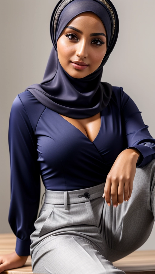 professional photograph of a 20 years sexy cute slim arabic (hijab) girl with tanned skin wearing a hijab and tight blouse and short trousers looking at the camera exposing cleavage,
realistic face, highly detailed face, round face, cute face,
((dark skin)), tanned skin, highly detailed skin, textured skin,
reflective eyes,
perfect small boobs,
beautiful legs,
showing deep cleavage and knees, sexy pose, sitting exposing knees, leaning,
deep cleavage, sexy knees, long shot picture,
highly detailed features,
highly detailed cloths, colorful cloths,