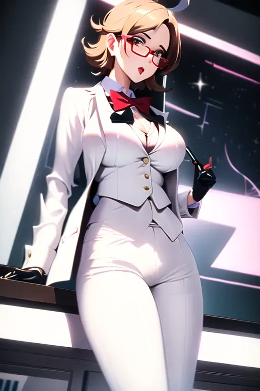 <lora:dpmg_upshirt:1.5>, (masterpiece), perfect face, milf, mature, thick, white suit pants, white jacket suit, black waistcoat, black rectangular glasses, red bowtie, microphone