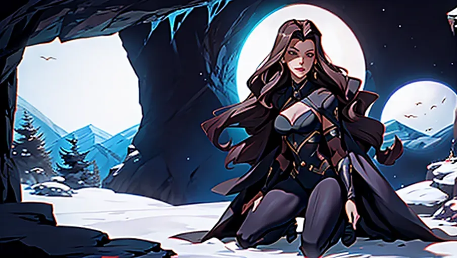 Kate Beckinsale as Selene in cave with deep lake. Huge wolfs in background.