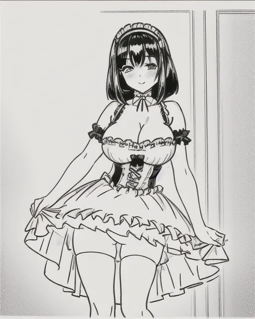 A sexy French maid making a sexy pose, huge breasts, wide hips, frilly dress, poofy dress, black hair, bob-bit hairstyle, well drawn face, pencil line art, miniskirt, nsfw, sexy pose, dynamic pose